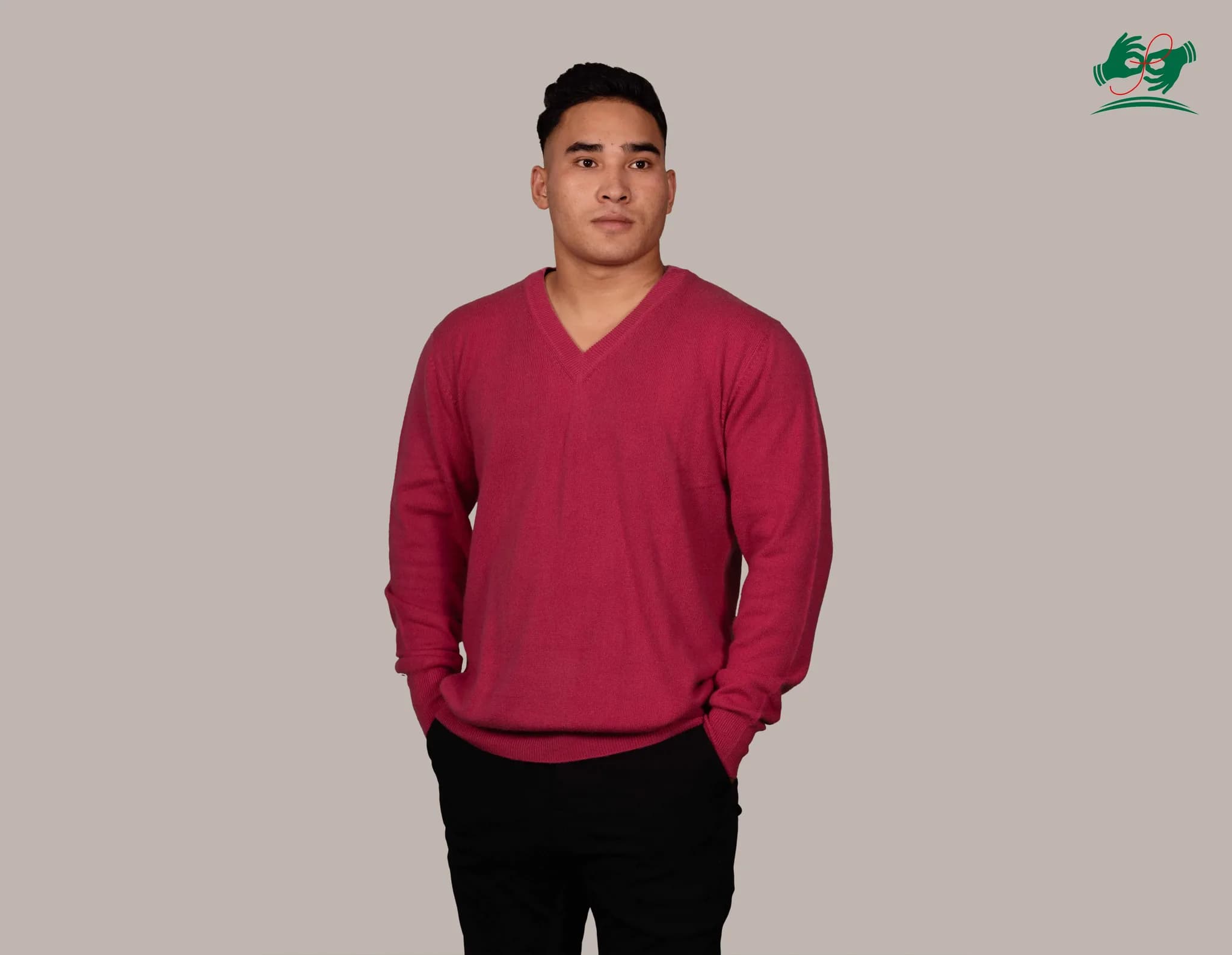 Men's V-Neck Cashmere Sweater in Crimson Red, knitted in Pokhara, Nepal